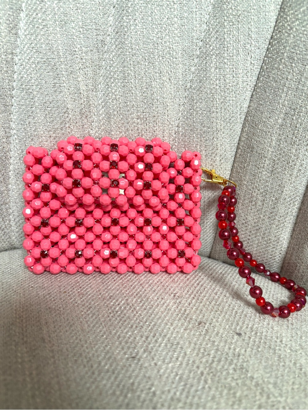 Custom Red Orange Acrylic & Rhinestone Beaded Mini Clutch with Handle